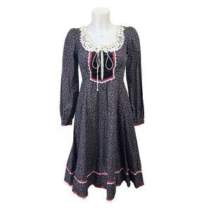 Gunne Sax 1970s Vintage Calico Floral‎ Scoop Neck Dress Corset Prairie size 5